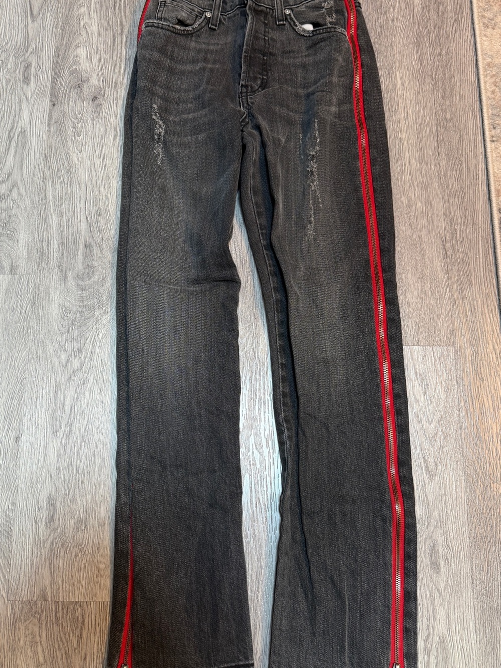 Revice Denim Distressed Buttonfly Jeans Red Side Seam Zipper Womens 25 Black
